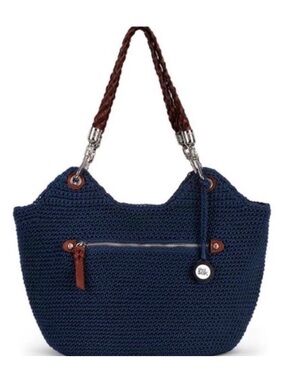 Sak Purse Crocheted Navy Blue Leather Handles
